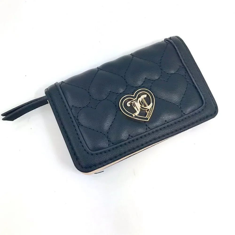 Juicy Couture Black Heart Quilted Monogram Heart Card Case Mini Snap Wallet